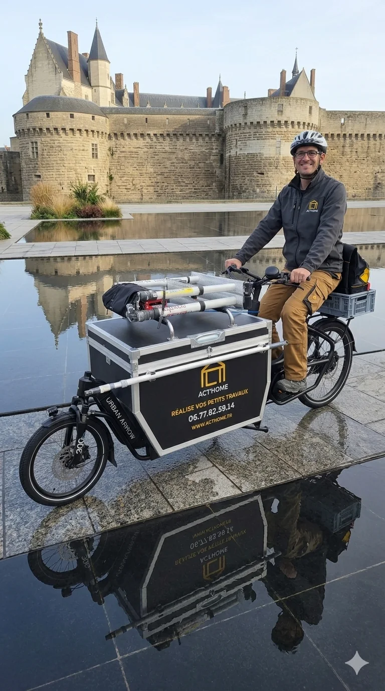 Nicolas d'Act'home sur son velo cargo devant le chateau des ducs a Nantes